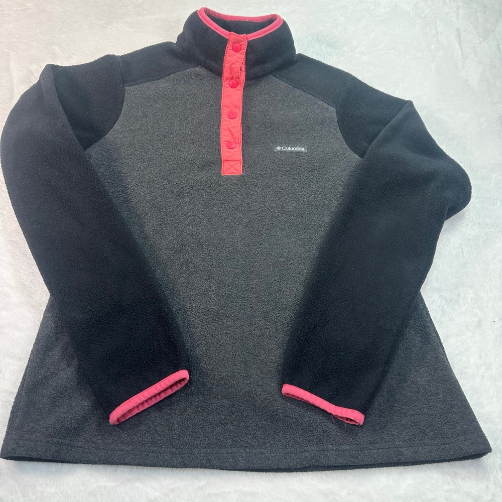 Columbia Fleece Pullover Women‎ Medium Gray Black Pink Snap Neck